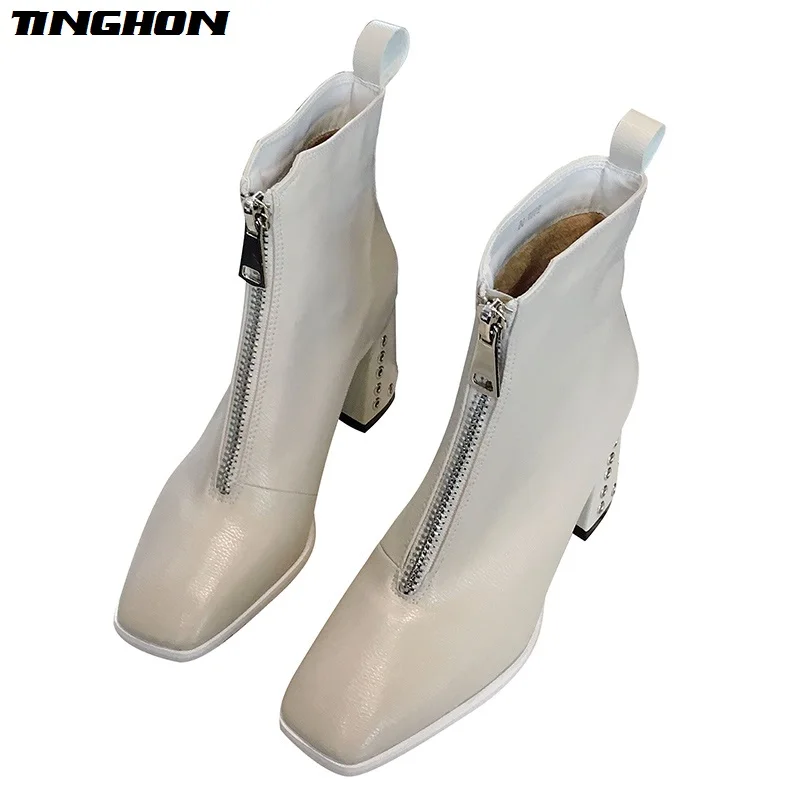 

TINGHON Spring Autumn Women ankle boots Cut-Outs Retro Martin boots Square Toe Front zipper Martin boots shoes luxury design