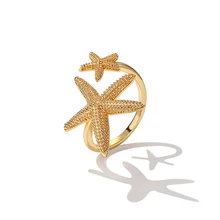 Srcoi novo design duplo bonito estrela do mar aberto anéis cor ouro liga praia estrela do mar ajustável dedo anel para presentes de aniversário feminino