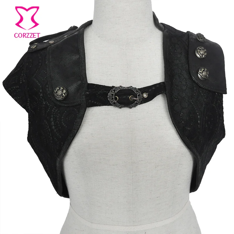 

Retro Punk Black Floral Lace & PU Leather Sleeveless Gothic Jacket Women Short Bolero Outwear Women's Jackets Steampunk Clothing