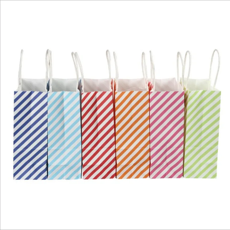 

12 Pcs/lot Striped Gift Bag with Handles Birthday paper gifts bag Festive Party Favor 33x26x12cm