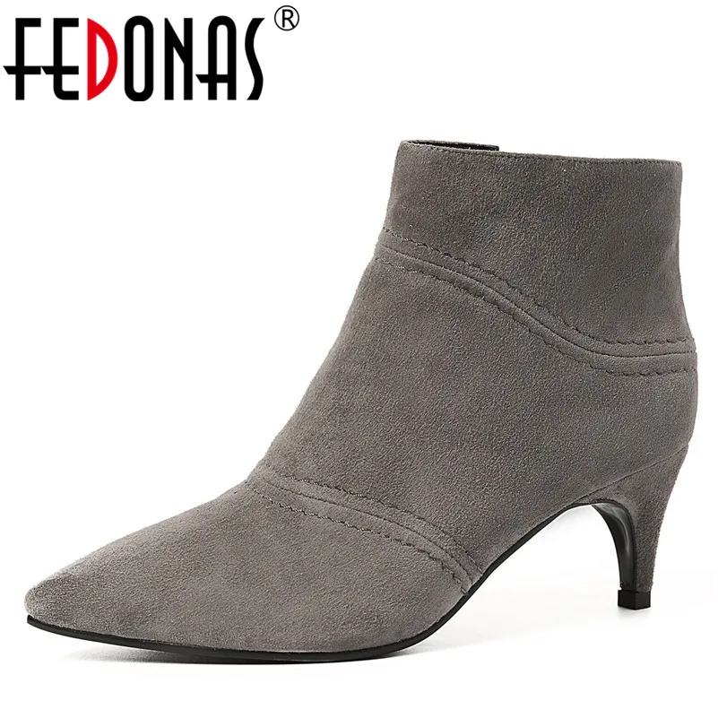 

FEDONAS 1Fashion Women Ankle Boots Autumn Winter Warm High Heels Shoes Suede Leather Concise Casual Office Quality Shoes Woman