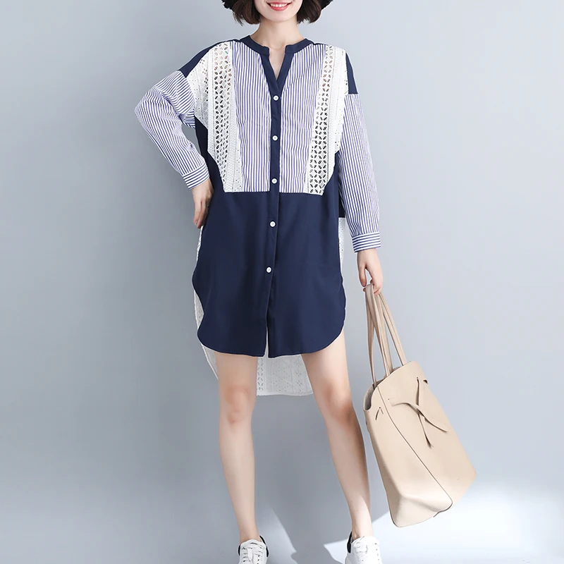 

Plus size shirts women 4XL summer new 2019 vintage blouses female vogue lace splice stripe loose shirts woman long blouses