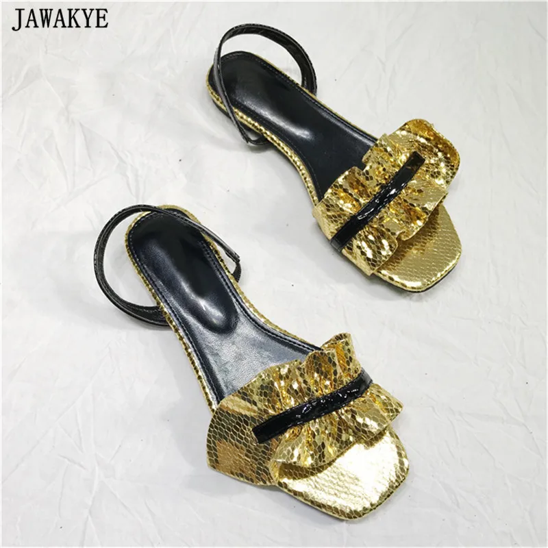 

New design Sexy dress Sandals Women high Heels snake skin leather ruffles wrinkles flat Runway shoes zapatos de mujer
