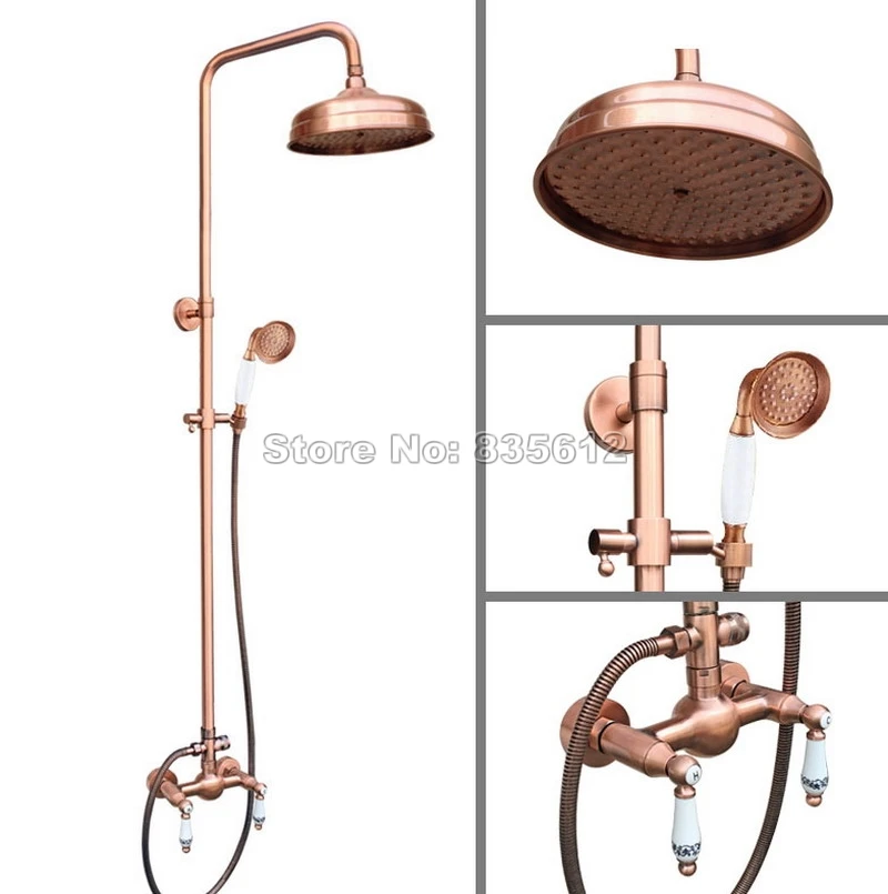Antique Red Copper Dual Ceramic Handles Mixer Tap Bathroom Classic Wall