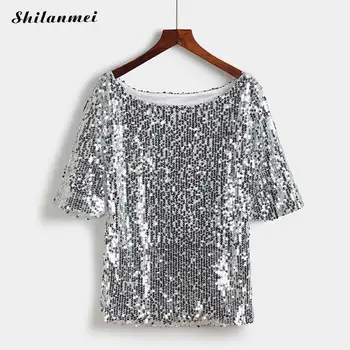 

Hot Selling 2018 New Summer Women'S Sequins T Shirts Fashion Half Sleeve Evening Party Cocktail Lady Beautiful Nice Tops T Shirt