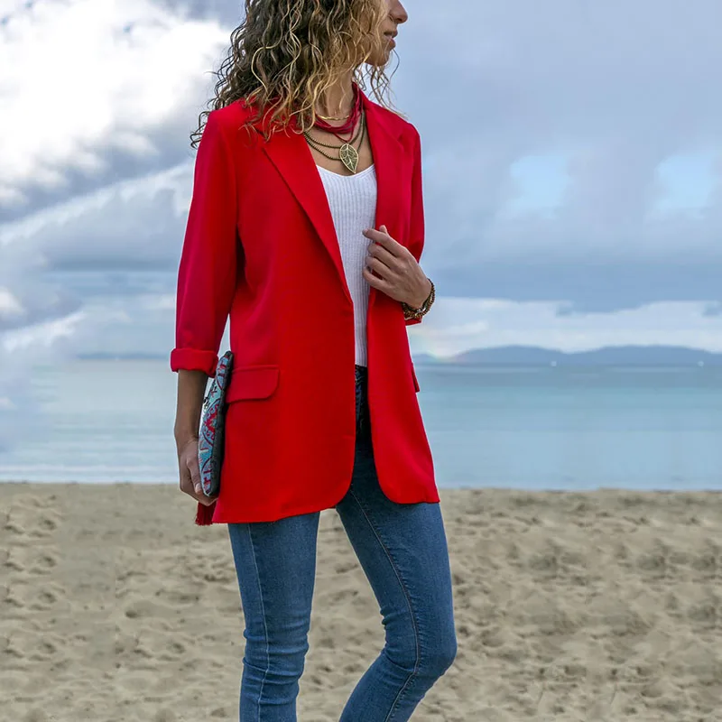 Модный женский осенне-весенний костюм куртка блейзер с длинными рукавами однотонное пальто - Цвет: Красный