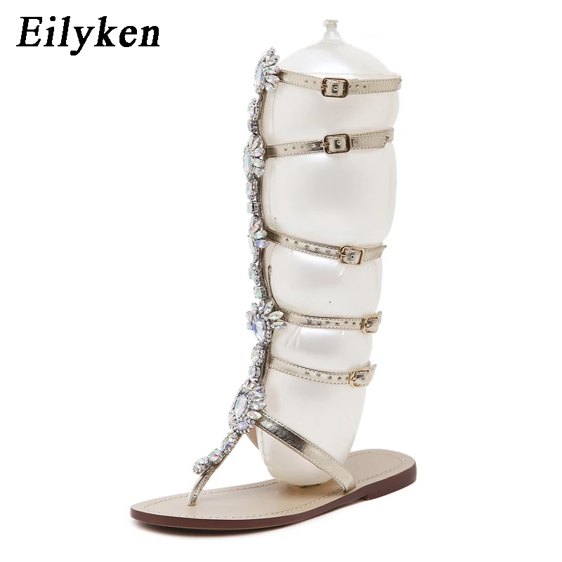 Eilyken/женские блестящие туфли на плоской подошве со стразами; повседневные сандалии-гладиаторы с пряжкой и ремешком, окаймленными кристаллами; передний и задний ремешок; сандалии на плоской подошве - Цвет: golden