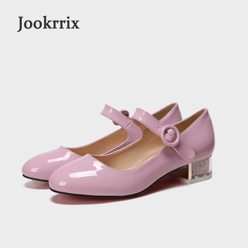 

Jookrrix 2018 Summer New Girl Fashion Brand Mary Jane Shoes Women Sandal Lady Buckle Round Toe Female Med Heel Shoes Soft Pink