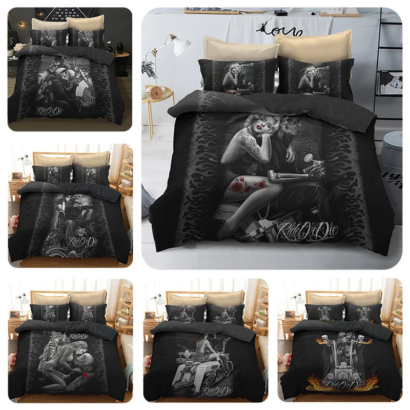 

3D Women And Skull Bedding Sets Sugar Skull And Motorcycle Duvet Cover Bed Cool Skull Print Black Bedclothes Bedline