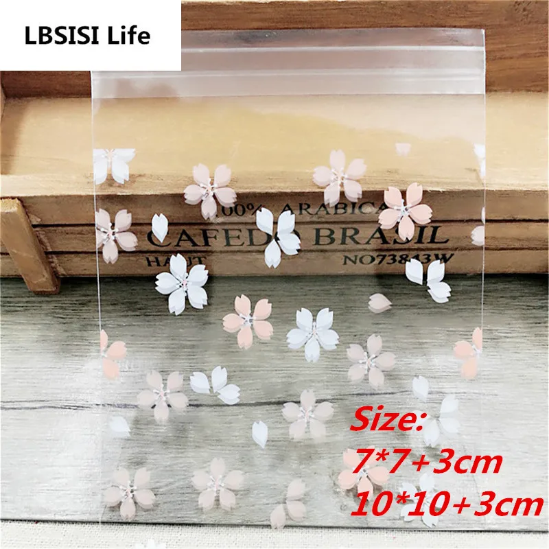 

100pcs 7x13cm 10*13cm Pink White Flower Cookies Resealable Gift Candy Food Beans Cookie Handmade Self Adhesive Packing Bags