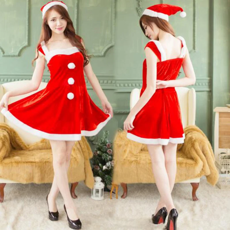Fashion Women 2Pcs/Set Christmas Hat Dress Sexy Costumes For Christmas