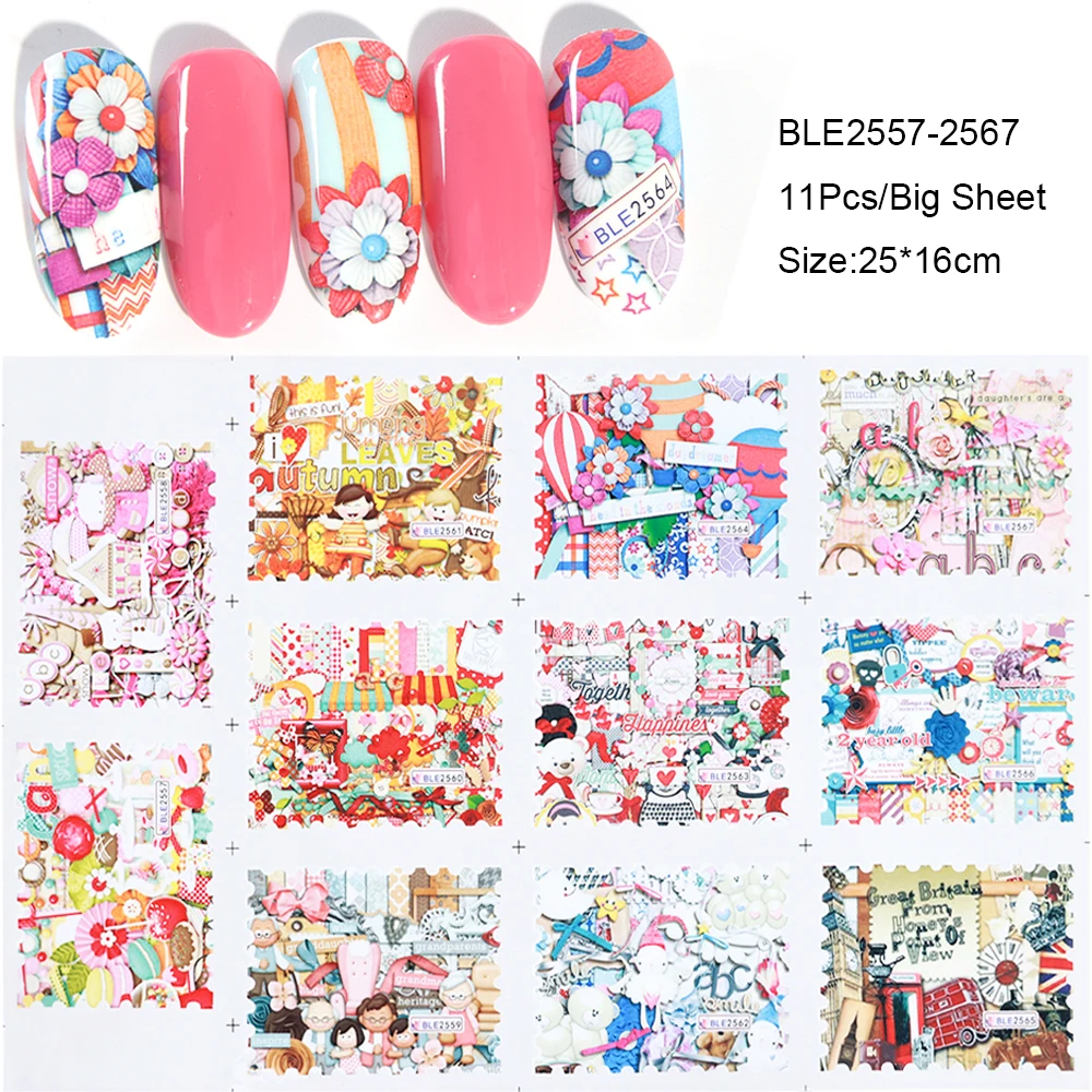 11 Design Retro Water Transfer Decals Nail Art Sticker Colorful Flower Vines Totem Full Wraps Manicure Decoration LABLE2535-2578  (5)