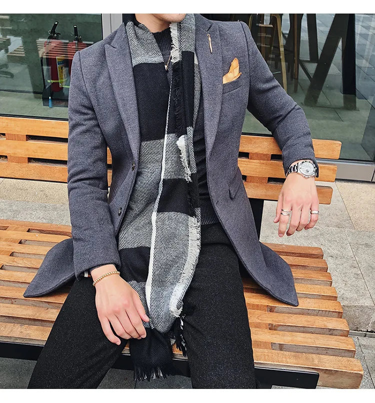2018 осень-зима Новой Англии Для мужчин модные Бизнес Повседневное тонкий сплошной Цвет в западном стиле длинный шерстяной костюм Блейзер