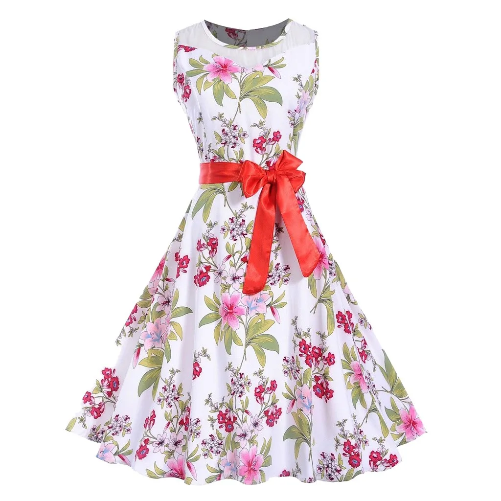 

Dress elegant Women Vintage 1950s Retro party dress Fashion print robe femme bandage Sleeveless O-Neck Printing dress vestidos