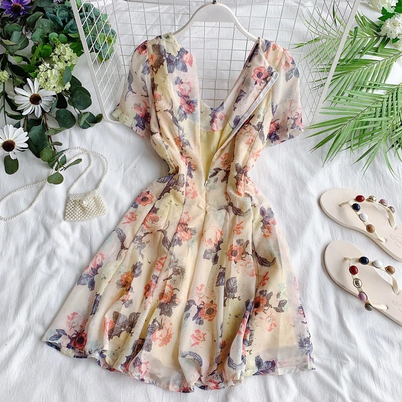 Новые модные женские платья шифоновое платье с цветочным рисунком с v-образным вырезом и коротким рукавом