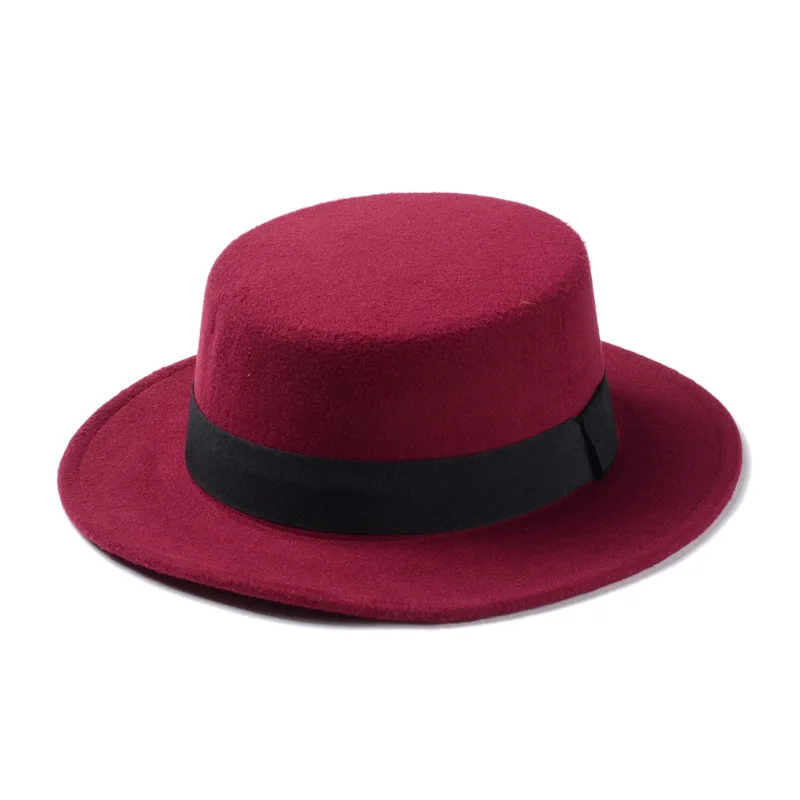 LUCKYLIANJI Vintage Retro Lady Men Women Elegant Wool Felt Flat Dome Oval Top Bowler Porkpie Pork Pie Hat(One Size: 57cm 7 1/8 - Цвет: Wine