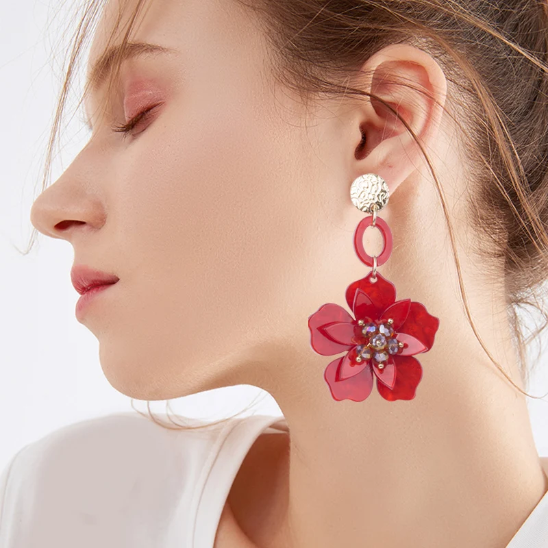 Trendy Long Acrylic Acetic Resin Earrings Flower for Women 2019 Big Metal Drop Earings Crystal for Girls Fashion Jewelry Brincos (5)