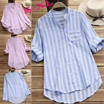 

CA Womens Striped V Neck Baggy Blouse Ladies Casual Loose Tunic Tops Size S-XL
