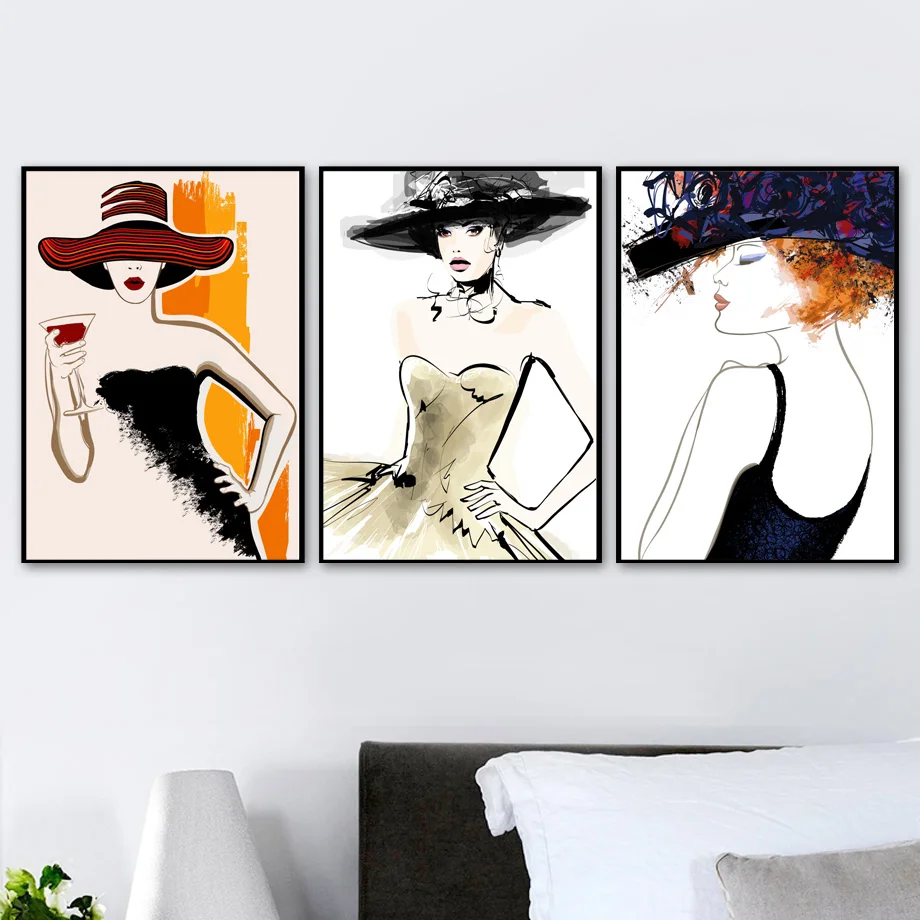 

Wear A Hat Fashion Lady Wall Art Canvas Painting Nordic Poster And Prints Wall Pictures For Living Room Girl Bedroom Home Decor
