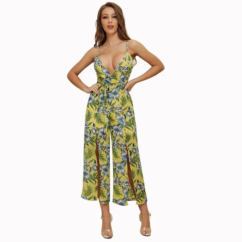 

Kimuise floral print holidays deep v neck rompers female jumpsuits spaghetti strap sexy bodysuits women 2019 wide leg jumpsuit