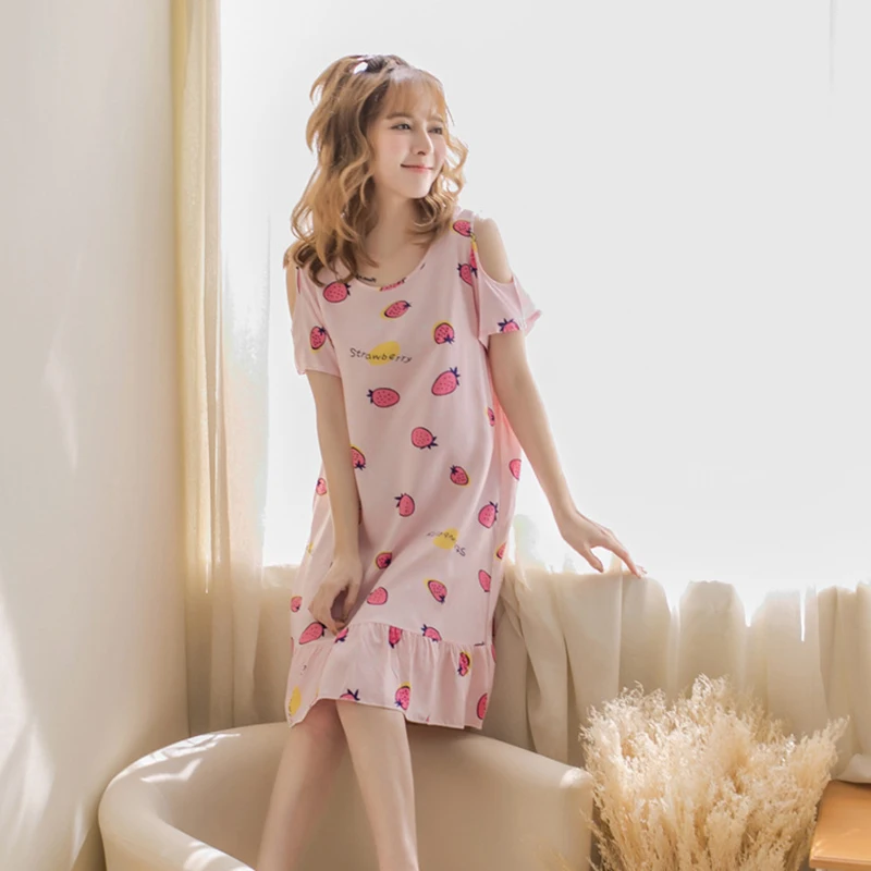 Cotton Sleepwear Women Summer Night Dress Short Sleeve Sleepwear
