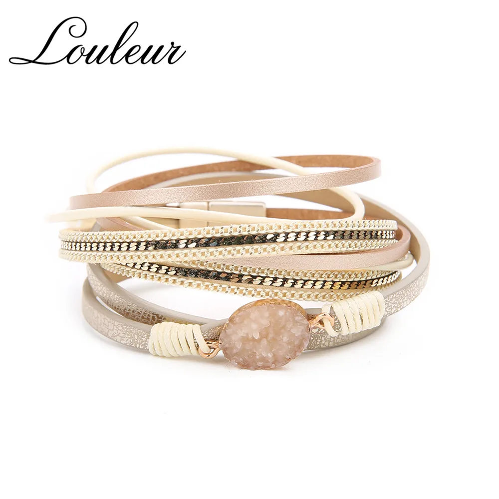 

Louleur Natural Stone Leather Bracelet for Women Femme Gray Beige Multilayer Link Chain Charm Bracelets & Bangles Female Jewelry