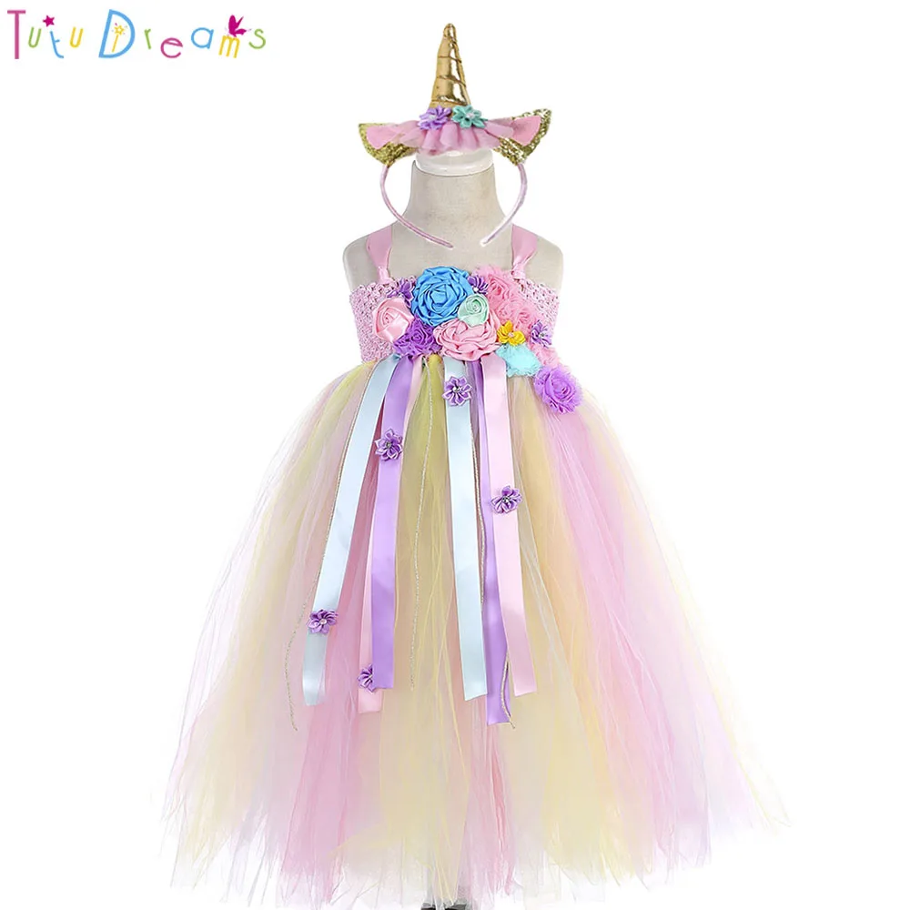 Bustle Unicorn Tutu Dress Sweet Candy Flowers Girl Birthday Party tutu