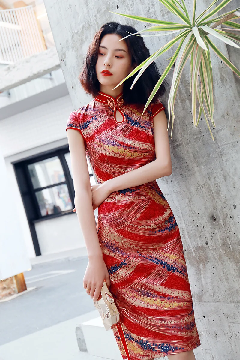 Летнее китайское вечернее платье с коротким рукавом, современное Ципао
