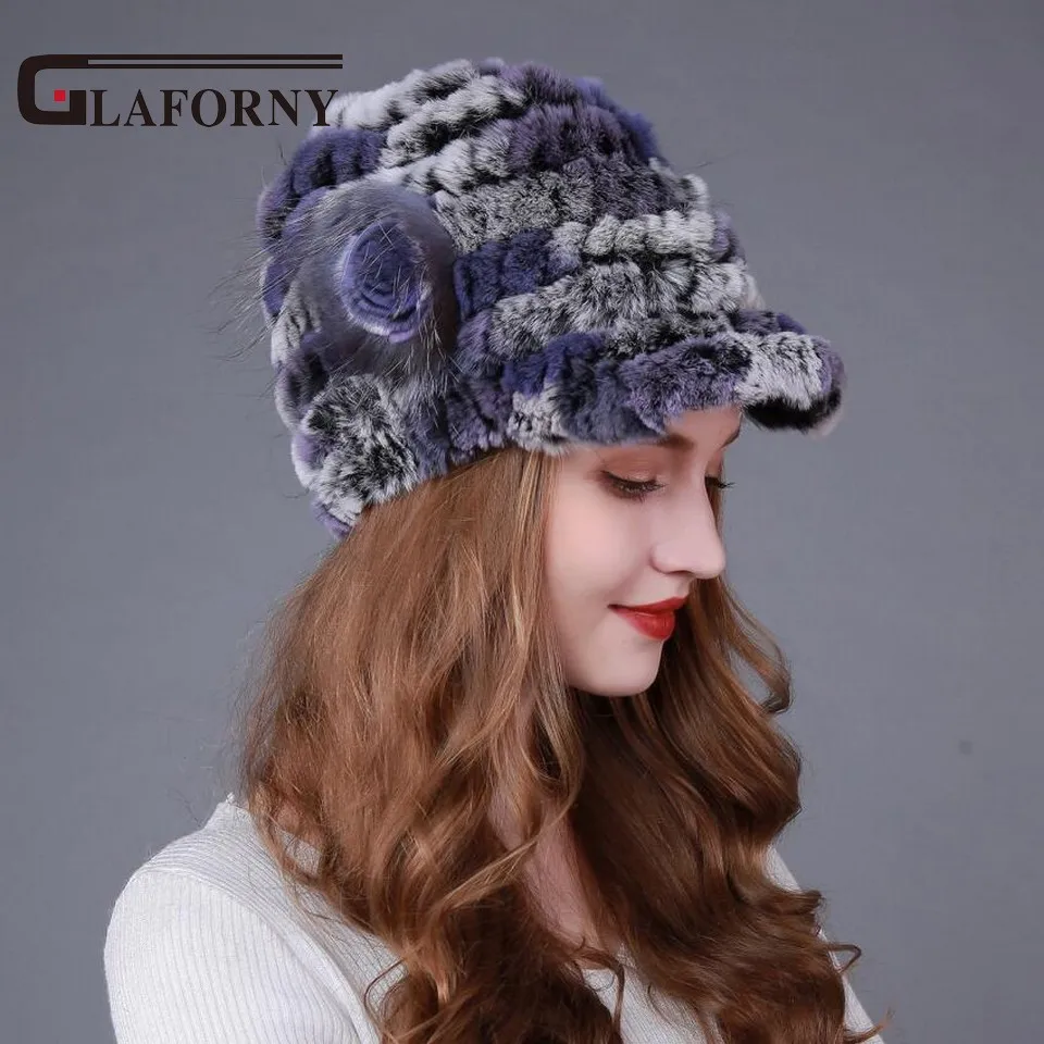 

Glaforny 2018 Women Fashion Fur Visors Knitted Rex Rabbit Fur Hats with Floral Colorized Fur Caps Rabbit Fur Casquette