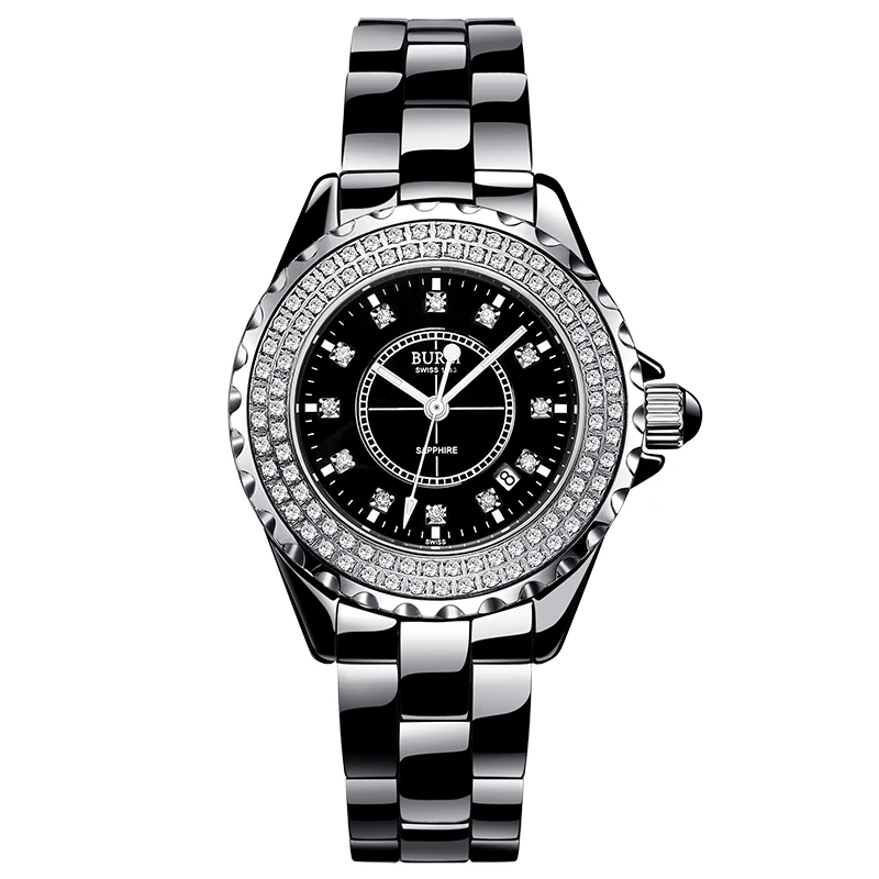 

BUREI 18003 Switzerland watch women luxury brand J12 series Austria diamond Ceramic calendar Double black relogio feminino