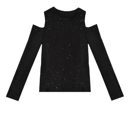 Зимние базовые футболки,, женские боди, модные милые топы с вырезами Открытое плечо, черная Милая блестящая футболка 11018 - Цвет: black