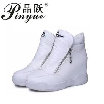 

Winter Women's Leather Casual Shoes Height Increasing Ankle Boots Wedge Boots Heels Hidden Shoes Woman Platform Zip Shoes