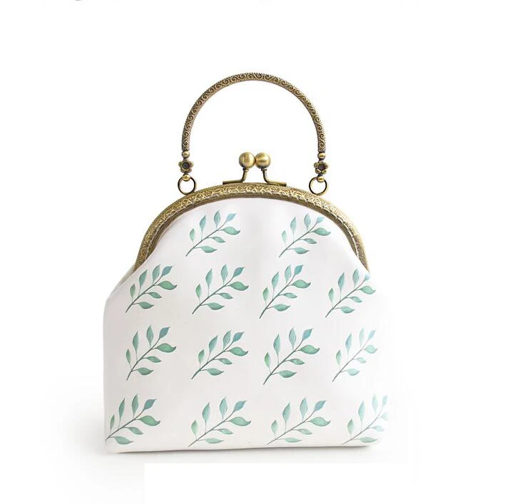 

2017 New Arrival Fresh Lolita Style Mori Leaves Print Clasp Chain Floral Metal Frame Crossbody Women's Shoulder Totes Shell Bag