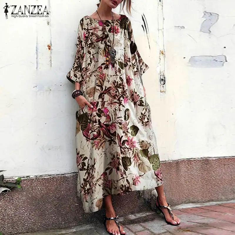 

2019 ZANZEA Autumn Bohemian Dress Women Vintage 3/4 Sleeve Cotton Linen Sundress Femme Casual Floral Printed Dress Long Vestido