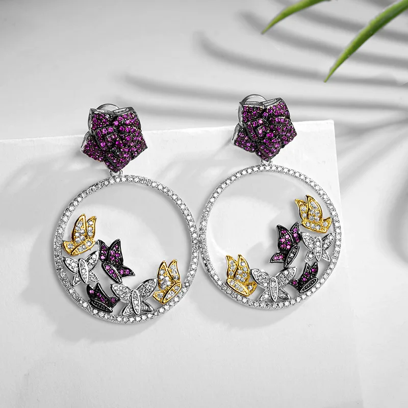 

women new copper zircon butterfly flower earrings designer jewelry unicorn boucle d'oreille femme