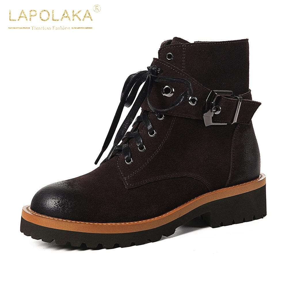 

Lapolaka Brand new cow suede Plus size 33-40 zip up boots woman shoes chunky heels buckle decoration ankle boots shoes woman