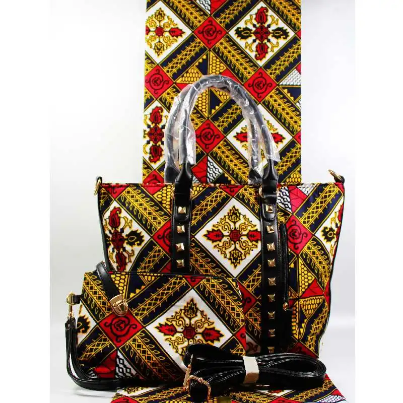 Duurde Fashion afrikaanse wax zak sets 3 stuks/set ankara wax handtas bijpassende 6 yards afrikaanse echte wax print stof Duurde Fashion afrikaanse wax zak sets 3 stuks/set ankara wax handtas bijpassende 6 yards afrikaanse echte wax print stof