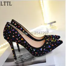 New Black Studded Multicolor Rhinestone Suede Women Pumps Pointed Toe Thin High Heels Party celebrity style shoes Stiletto