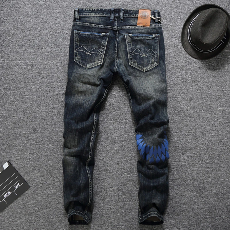 Brand Clothing Men`s Blue Wings Print Jeans Pants Hip Hop Waterwashed Mid Stripe Slim Fit Denim Ripped Dark Jeans Men RL632
