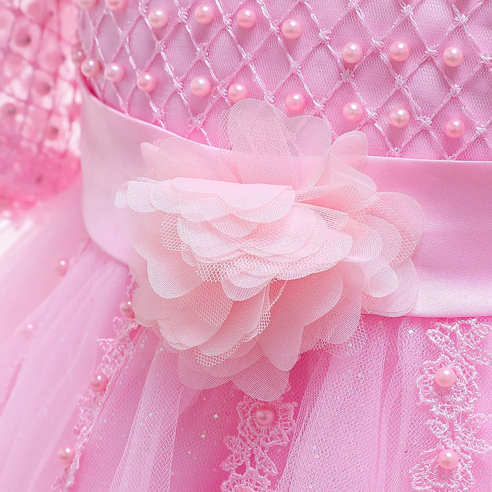 New Style 2019 Ballgown Pink Half Sleeves Lace First Communion Gowns For Evening Girls Birthday Party Dresses with Pearl