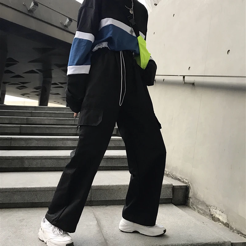 

Korean version of PUNK Harajuku hip hop pants version pure black pocket fashion stretch pantalones street pants fashion 2019
