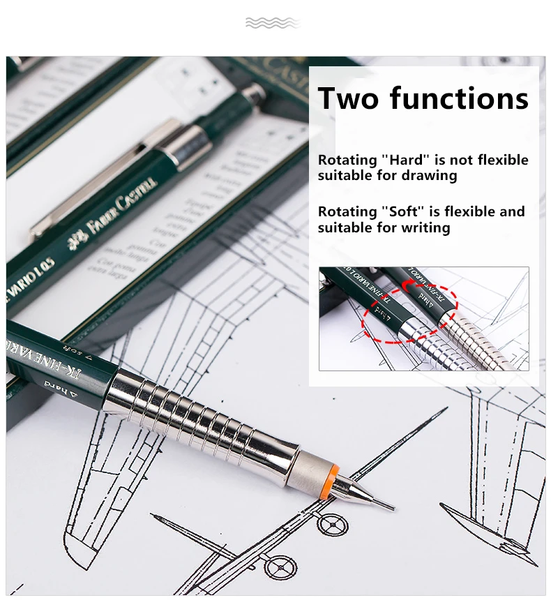 Faber-Castell механический карандаш с грифелем 0,35/0,5/0,7/1,0 мм и стеркой на конце, металлический корпус, высокое премиум качество для рисования, скетчей, черчения, школы и офиса