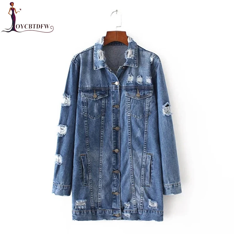 

2018 Denim Jackets Women Hole Boyfriend Style Long Sleeve Vintage Female Jacket Denim Loose Spring Autumn New Denim Coat DD961