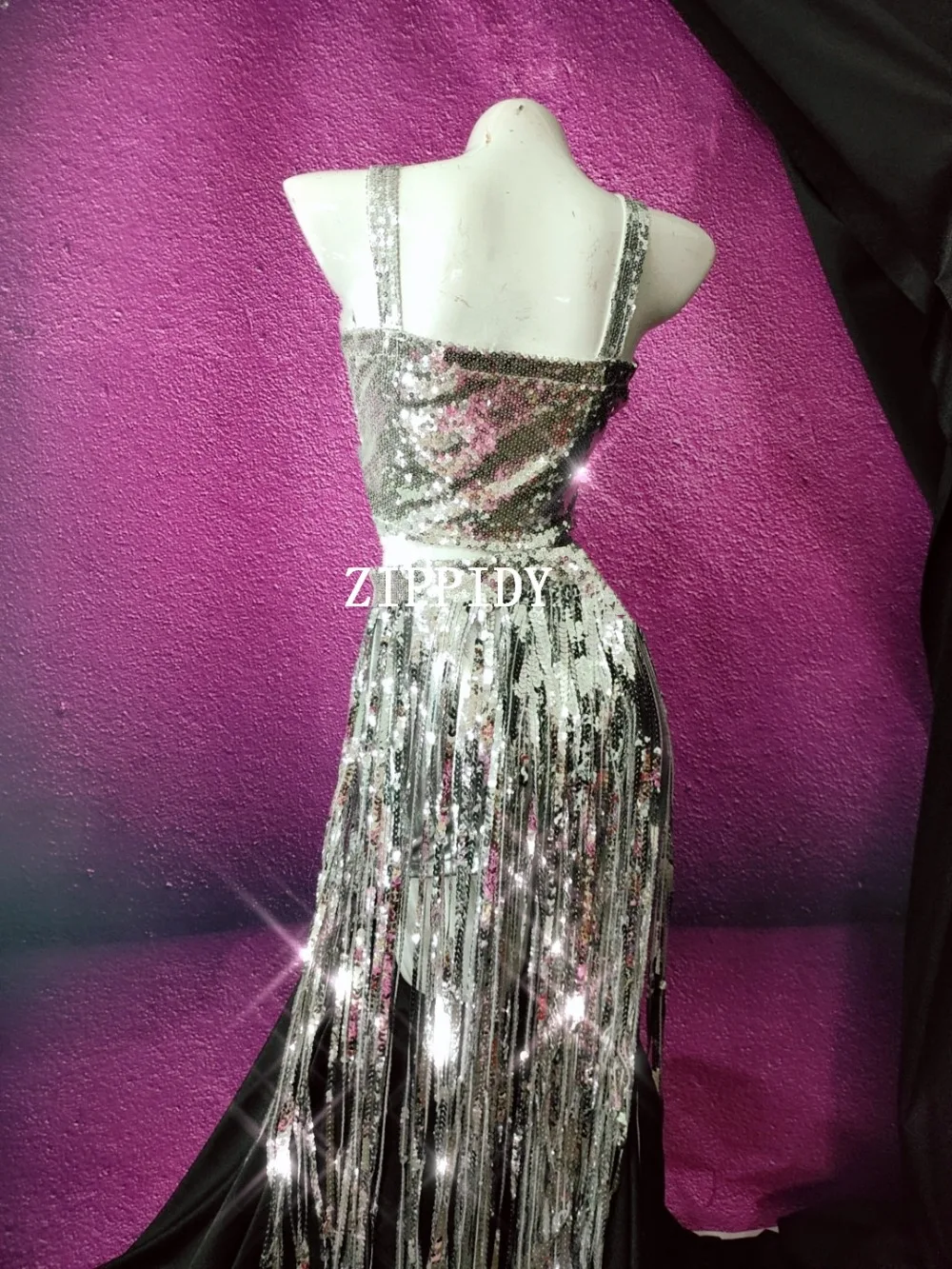 Блестящие серебряные блестки Бюстгальтер бахрома короткий танцевальный наряд комплект для женщин певица танцевальная одежда Сияющий сценический костюм День рождения
