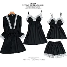 Черные женские 4 шт. ремень Топ и штаны костюм пижама комплекты одежды для сна весенние домашние ночная рубашка соблазнительное кимоно халат M-XL