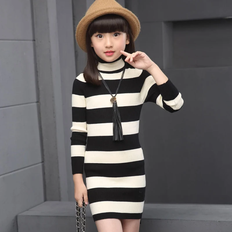 

VORO BEVE girls clothes 2017 spring autumn girl dress striped new knitted long sweater dress for girl children