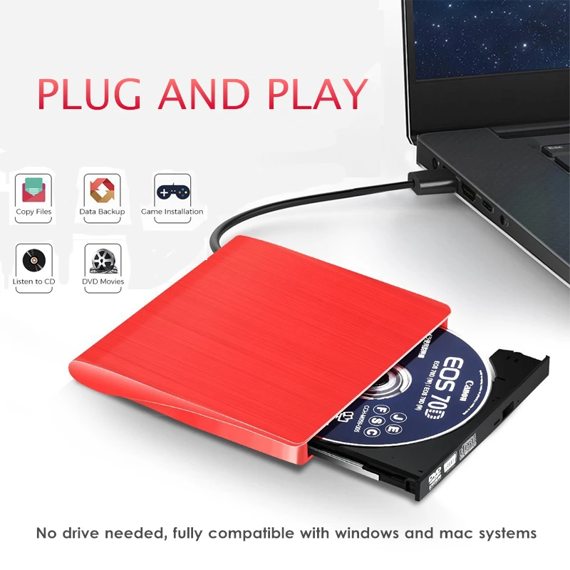 

External Drive DVD-ROM CD-RW DVD-RW Burner USB 2.0 Read Writer for Macbook PC Laptop MAC OS Win Red