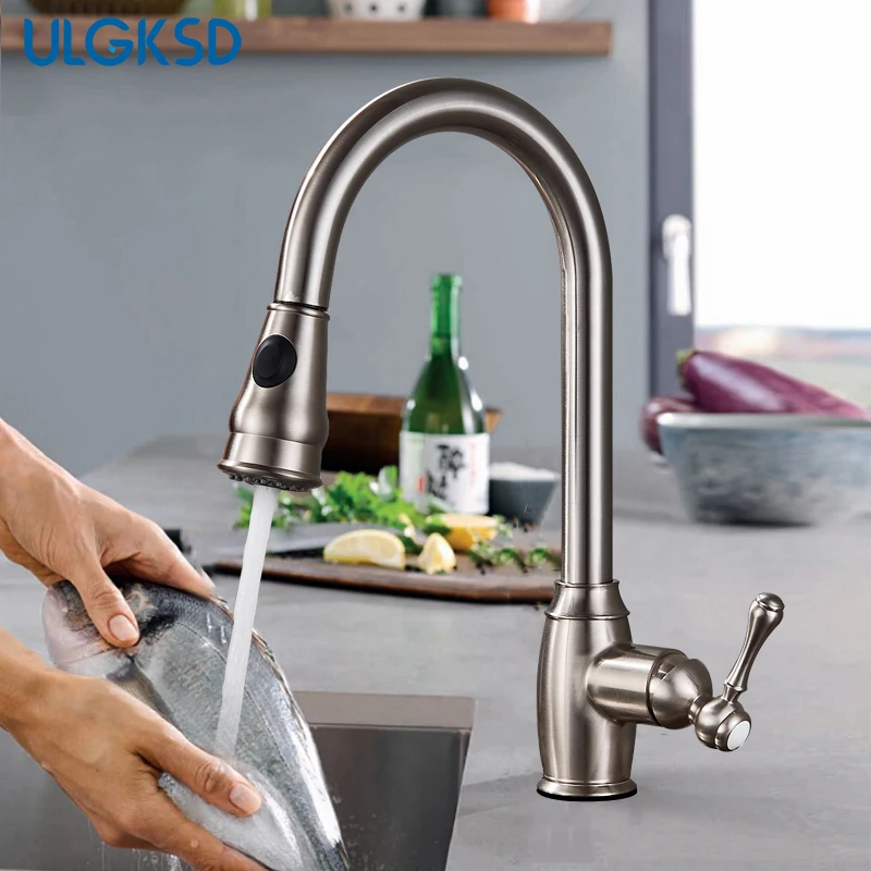 

ULGKSD Kitchen Mixer Brushed Pull Out Kitchen Faucet Deck Mount Kitchen Sink Faucet Mixer Cold Hot Water Torneira Cozinha Rotate