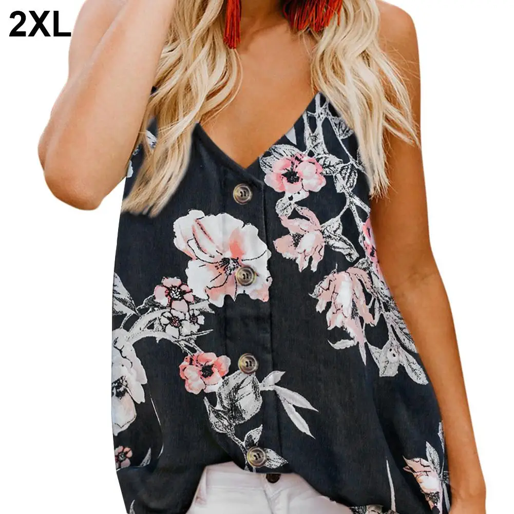 2019 Sleeveless Floral Printed Vest Blouse Clothes Women's Chiffon Button Tank Adjustable Thin Shoulder Strap Beach Shirt Women |