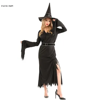 

Woman Black Gothic Witch Cosplays Female Halloween Magician Sorceress Costumes Carnival Purim Masquerade Nightclub party dress